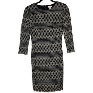 Cache Dress Black Gold Cocktail Sheath 3/4 sleeve Small Back Zip Fitted 2